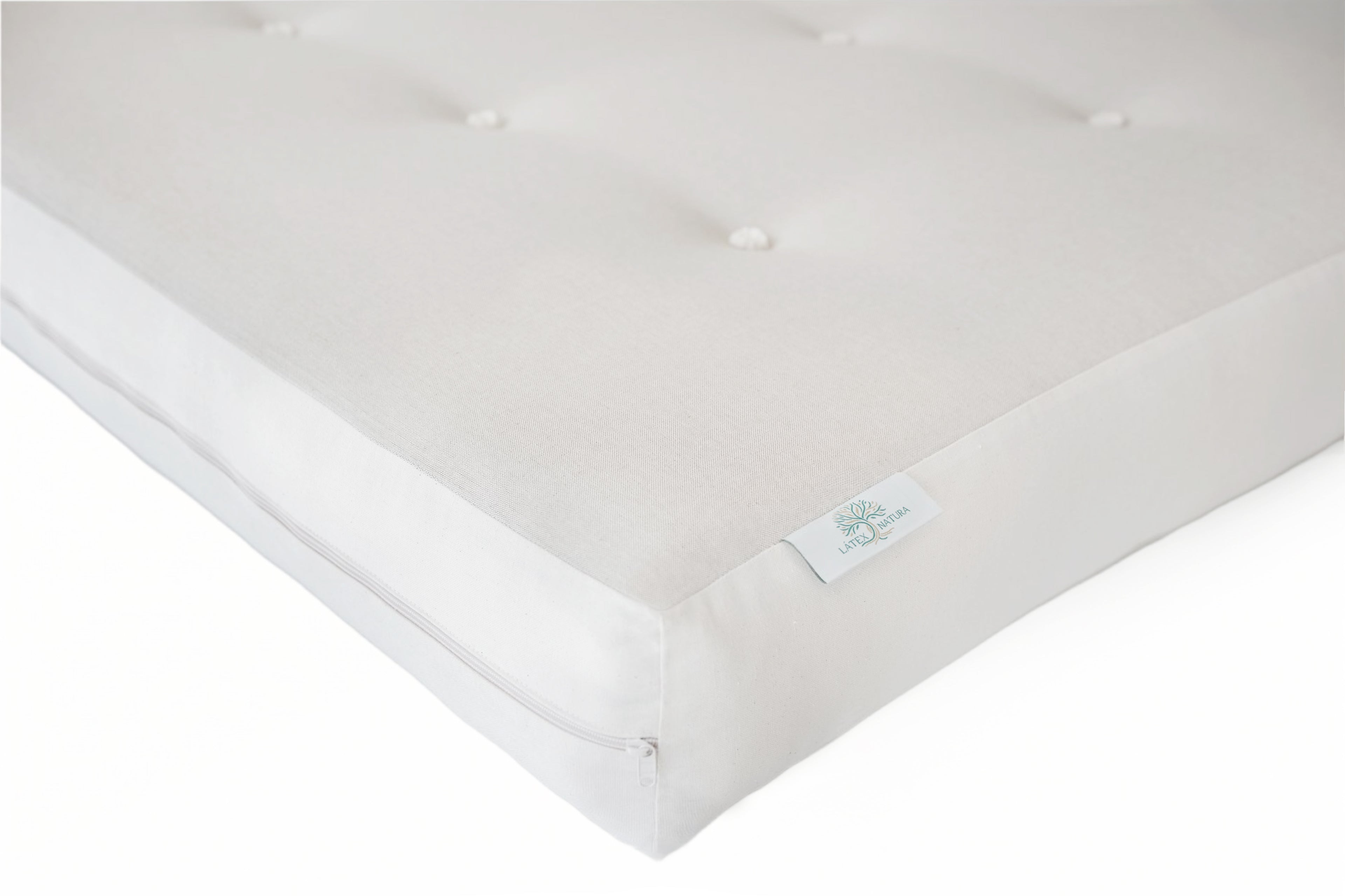 Colchón Látex Natura con tela bicolor, 22cm. de grosor y núcleo de 15cm. de látex. Ecológico y artesanal, elaborado en Barcelona