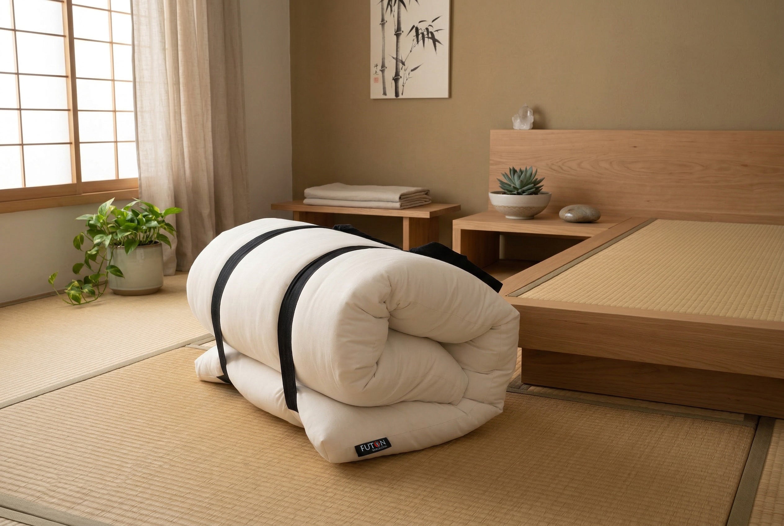 Futón japonés, colchón tradicional elaborado artesanalmente en Barcelona, ecológico y natural, con lazos para atar, en dormitorio